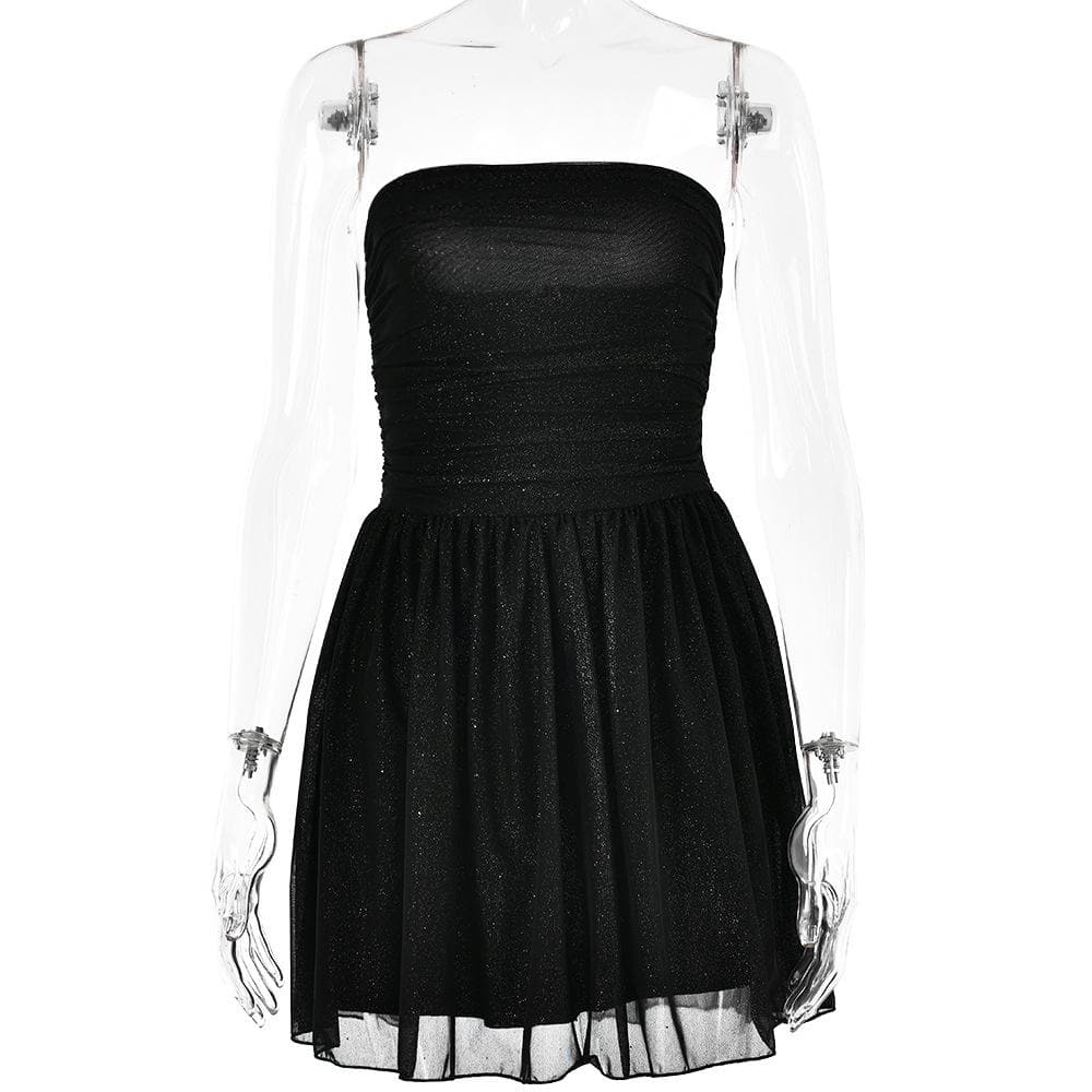 Ruched backless glitter mesh tube mini dress