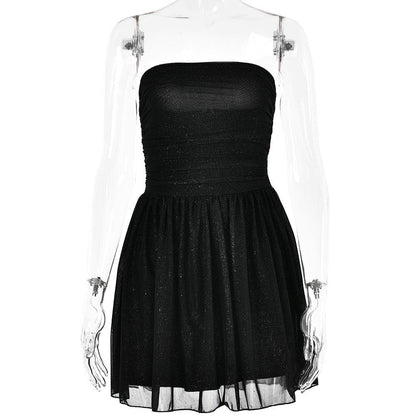 Ruched backless glitter mesh tube mini dress