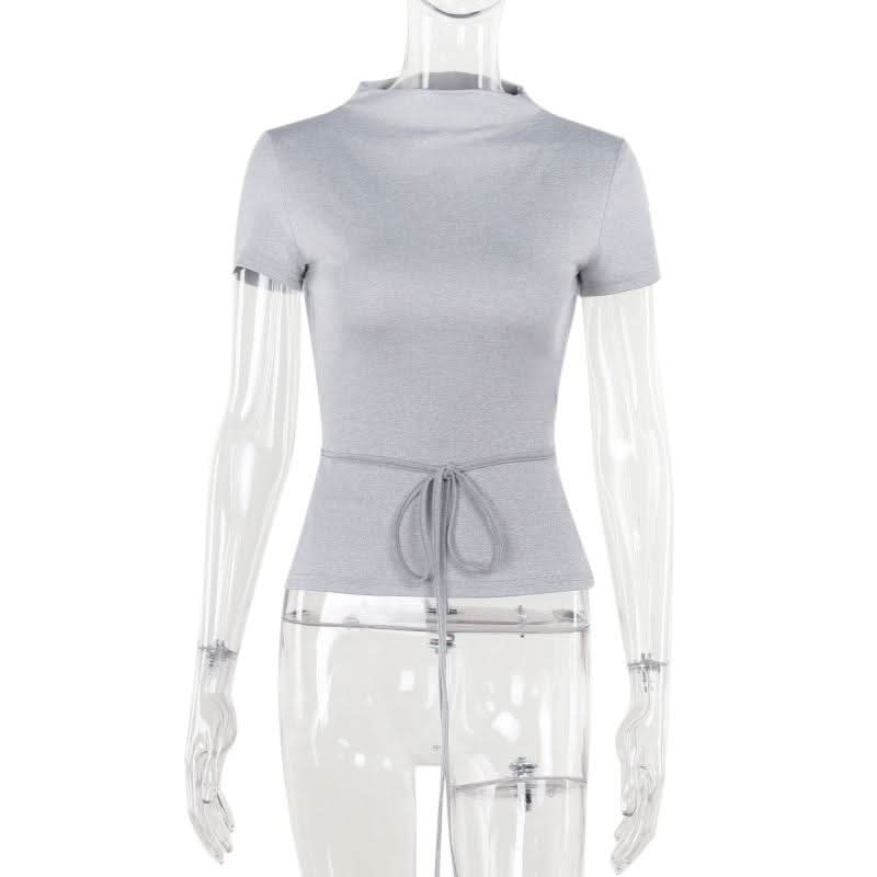 Short sleeve crewneck self tie backless top