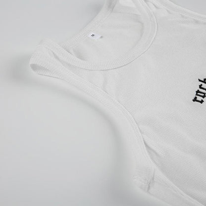 U neck letter embroidery ribbed tank top