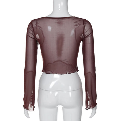 Sweetheart neck long sleeve mesh crop top