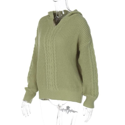 Hoodie long sleeve knitted solid v neck top