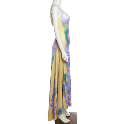 Body pattern u neck ruffle backless contrast cami maxi dress-final-sale