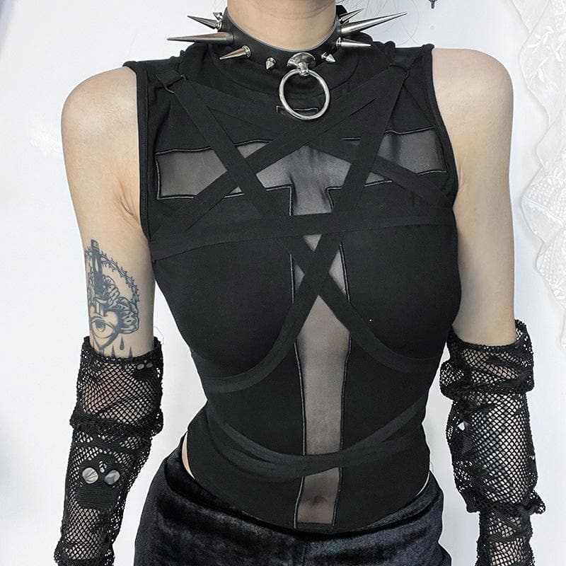 Crewneck patchwork cross front cross pattern tank top