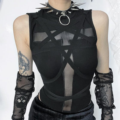 Crewneck patchwork cross front cross pattern tank top