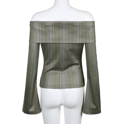 Striped off shoulder contrast long flared sleeve button top
