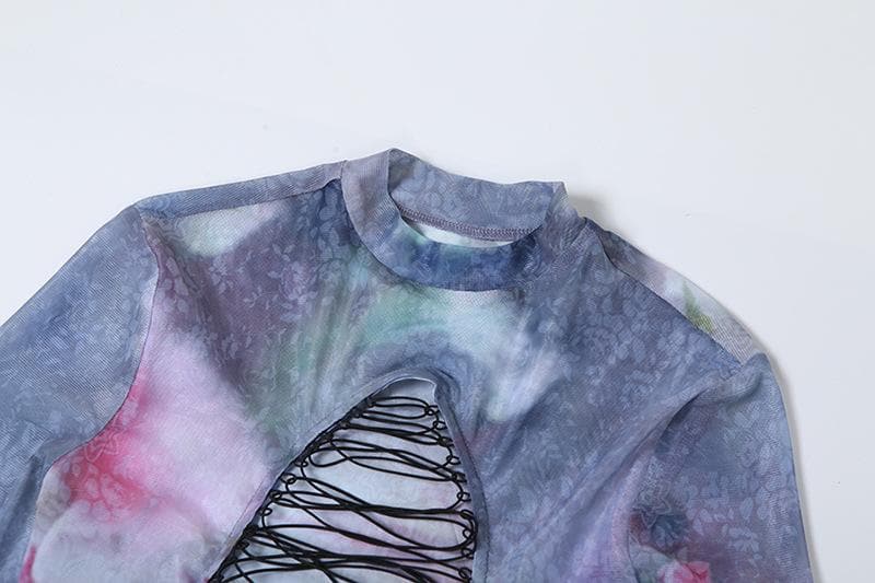 Long sleeve print sheer mesh lace up maxi dress