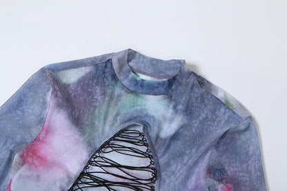 Long sleeve print sheer mesh lace up maxi dress