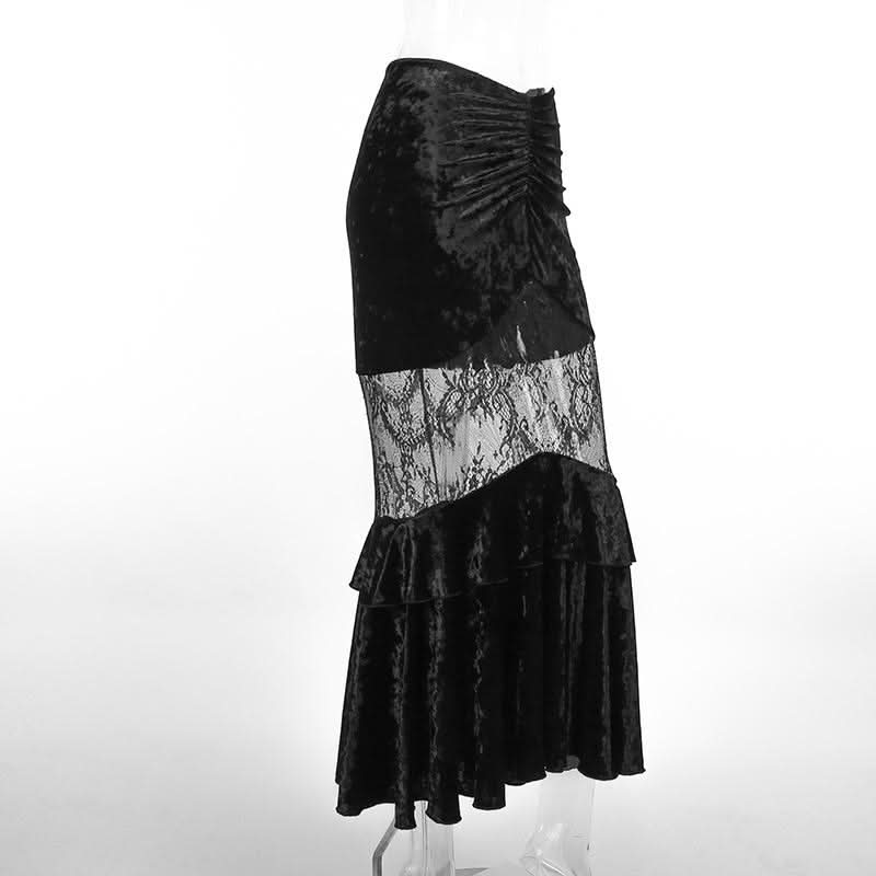Velvet lace patchwork ruched ruffle maxi skirt