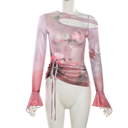 Long flared sleeve sheer mesh print top