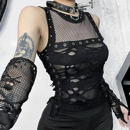 Crewneck fishnet buckle hollow out lace up tank cut out top