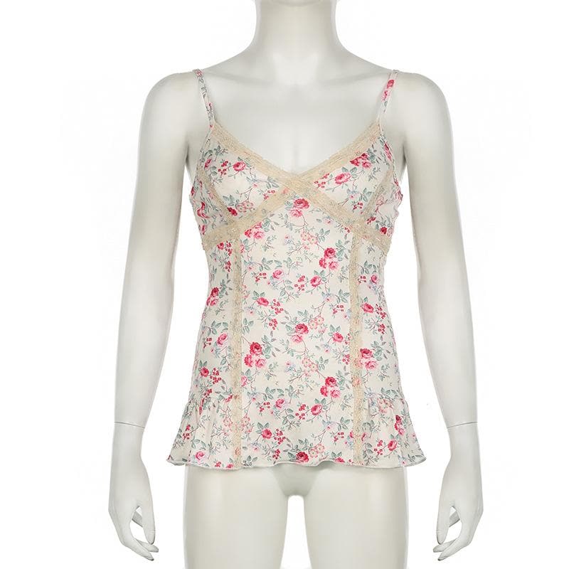 Print v neck lace hem ruffle knotted cami top
