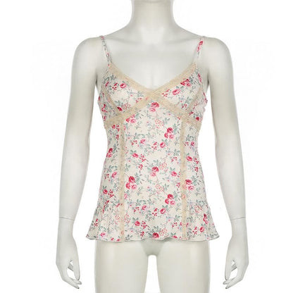 Print v neck lace hem ruffle knotted cami top