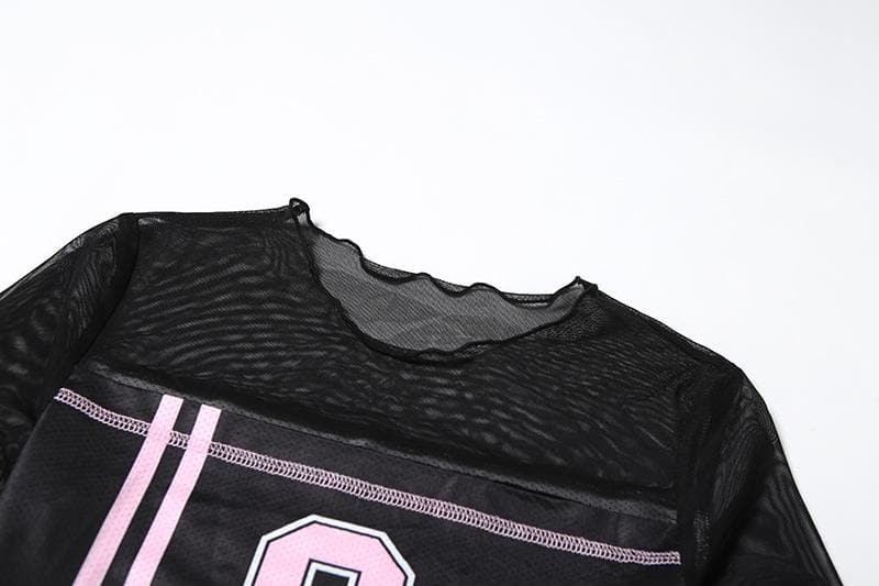Stitch long sleeve crewneck “8” pattern mesh top