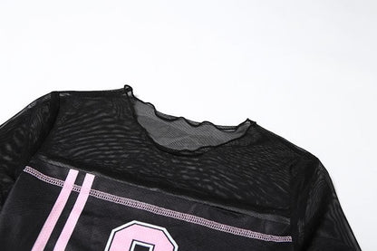 Stitch long sleeve crewneck “8” pattern mesh top
