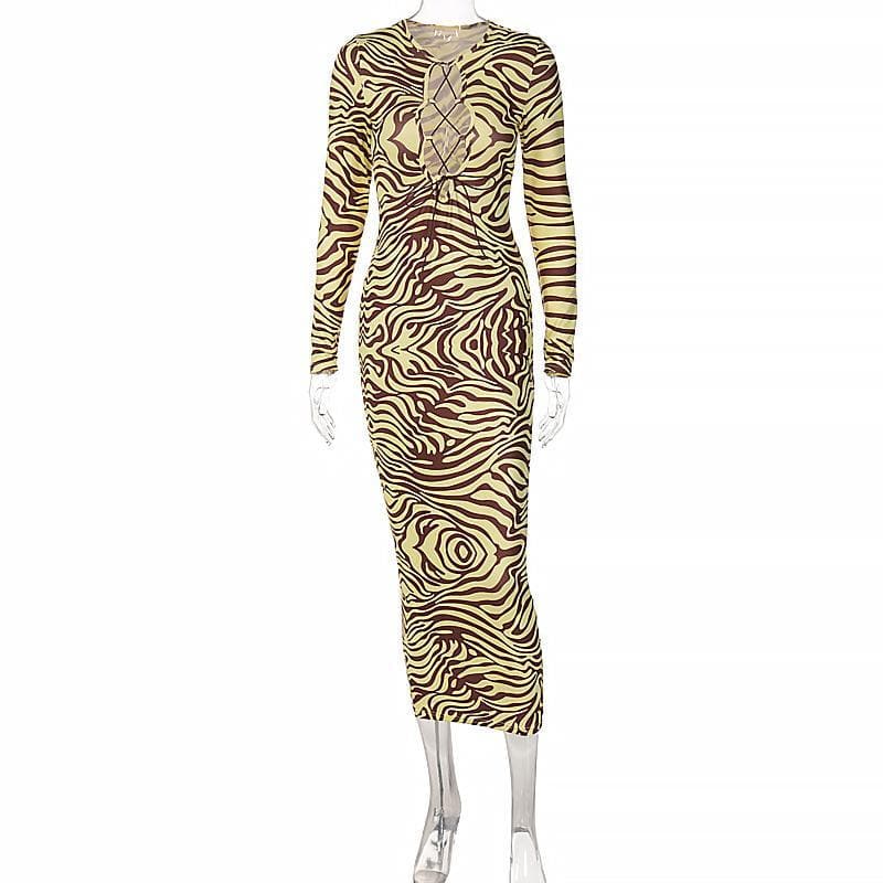 Long Sleeve Lace Up Zebra Print Bodycon Maxi Dress