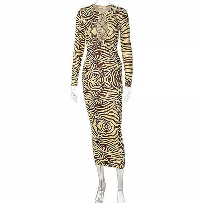 Long Sleeve Lace Up Zebra Print Bodycon Maxi Dress