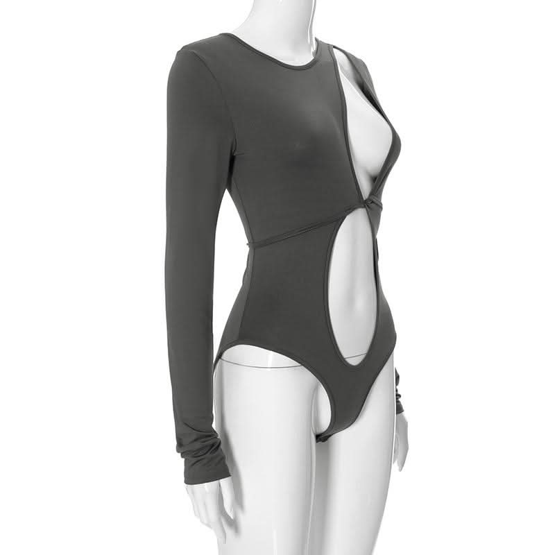 Hollow out long sleeve irregular self tie button bodysuit