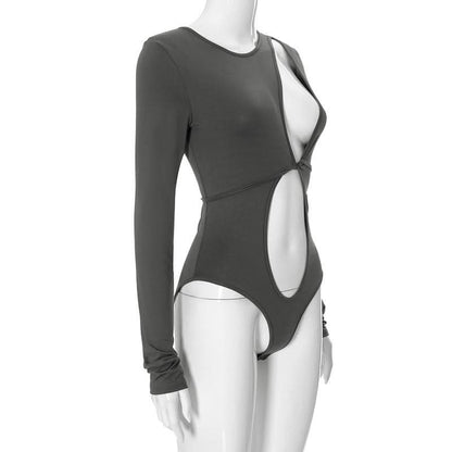 Hollow out long sleeve irregular self tie button bodysuit