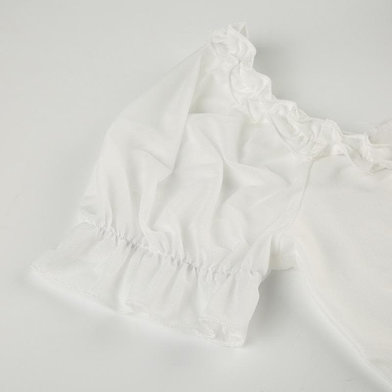 Short puff sleeve ruffle ruched knotted crop top
