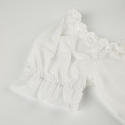 Short puff sleeve ruffle ruched knotted crop top