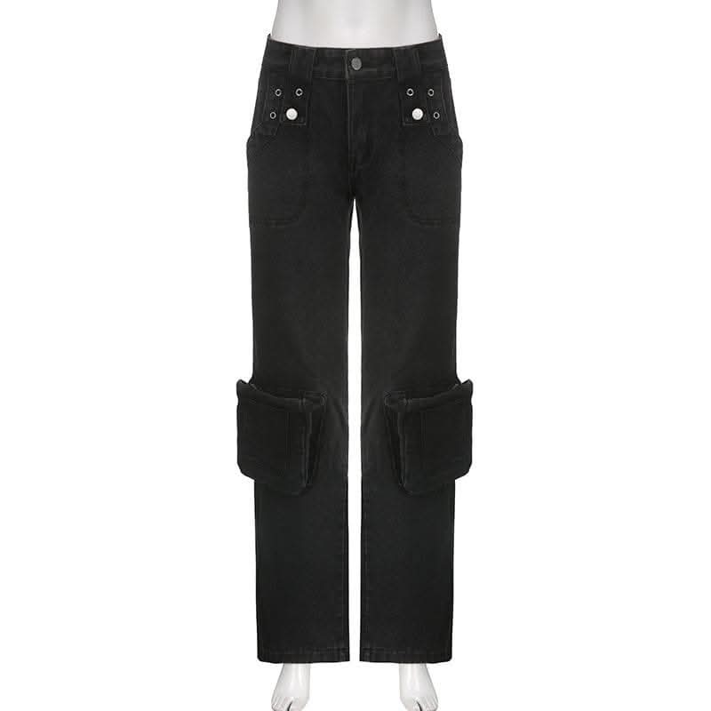 Solid irregular cargo pocket low rise zip-up jeans-final-sale