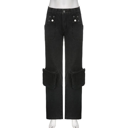 Solid irregular cargo pocket low rise zip-up jeans-final-sale