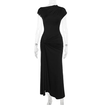 Short sleeve ruched self tie high slit maxi dress