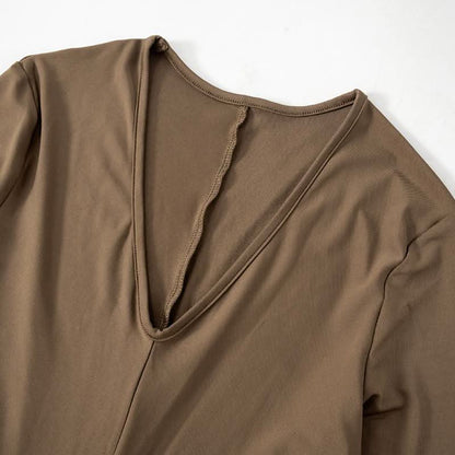 V neck long sleeve cowl neck solid maxi dress