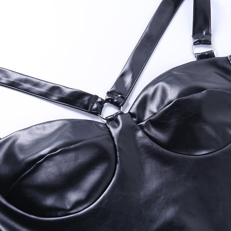 Gloves sweetheart neck o ring PU leather solid mini dress