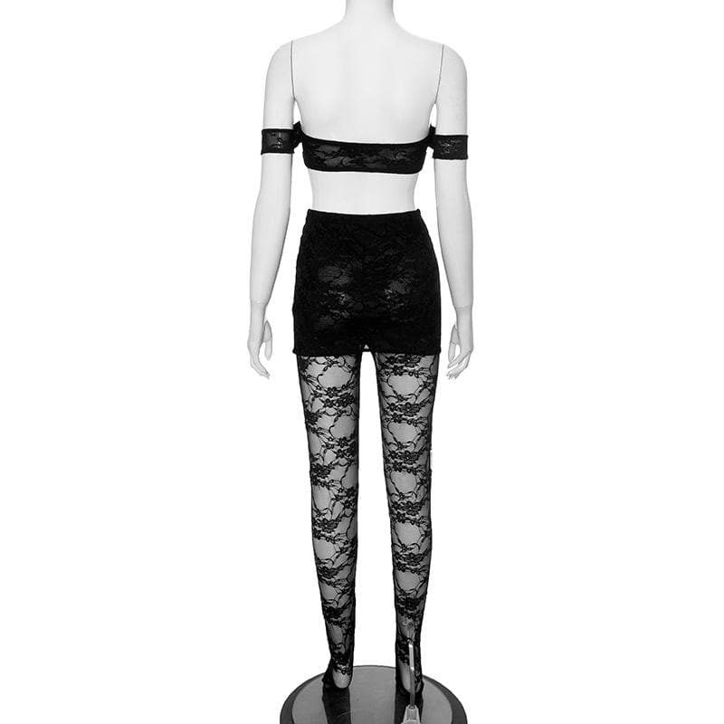 Off shoulder lace see through solid pant set
