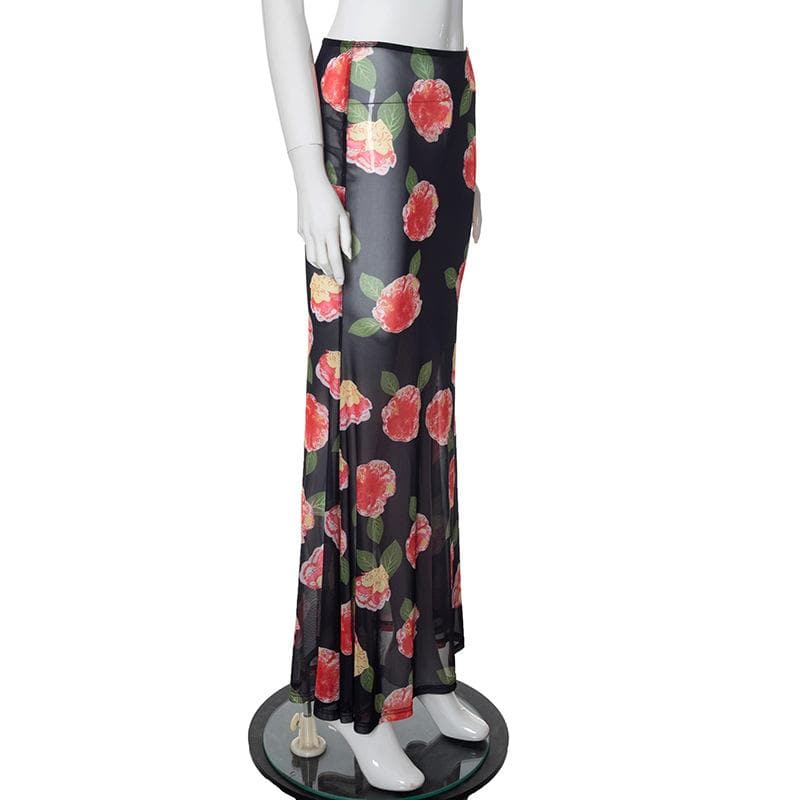 Sheer mesh flower print contrast maxi skirt