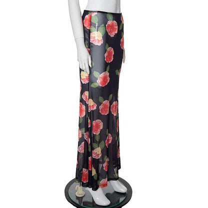 Sheer mesh flower print contrast maxi skirt