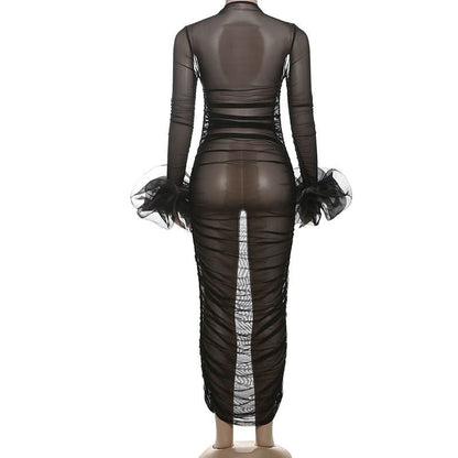 Long sleeve mesh see through ruched maxi dress-final-sale