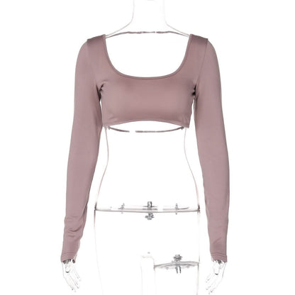 Long sleeve u neck backless solid top