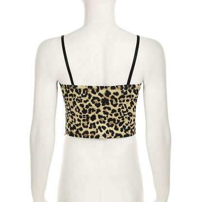 Leopard print sweetheart neck lace hem cami top