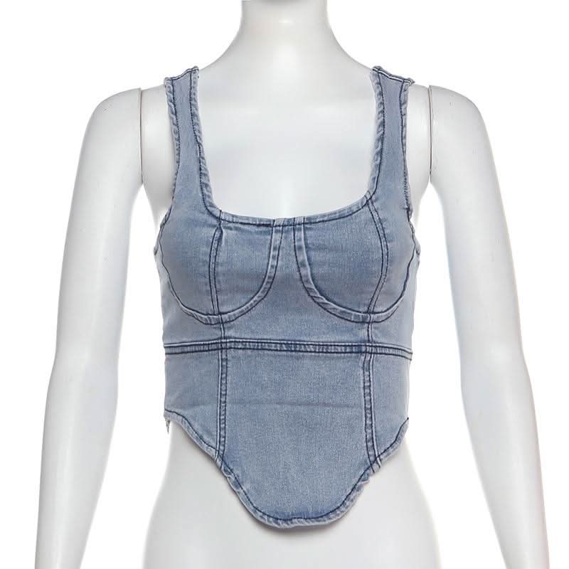 Denim square neck zip-up sleeveless tank top