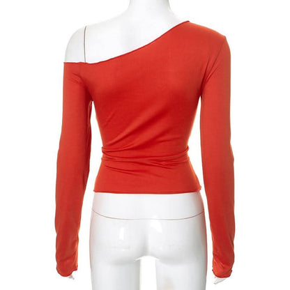 One shoulder irregular long sleeve ruched self tie top
