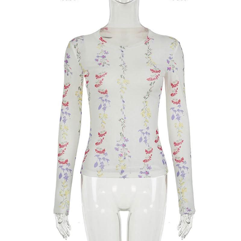 Crewneck long sleeve flower print top