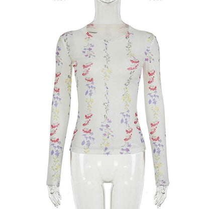 Crewneck long sleeve flower print top