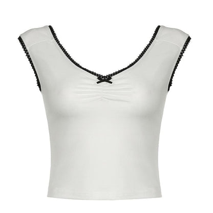 V neck bowknot ruched lace hem top