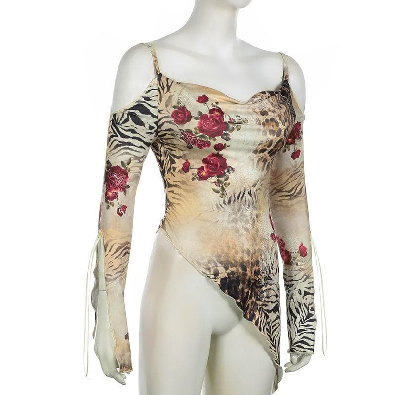 Long sleeve off shoulder irregular print cami top