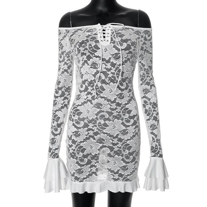 Long flared sleeve lace up lace see through mini dress