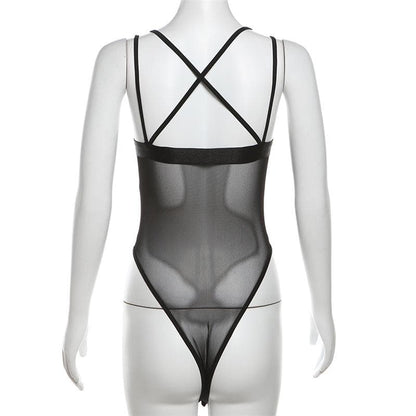 Stitch mesh patchwork cross back cami bodysuit