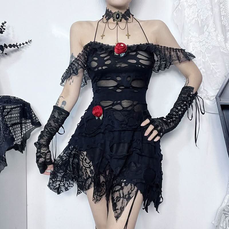 Lace irregular flower applique cami mini dress