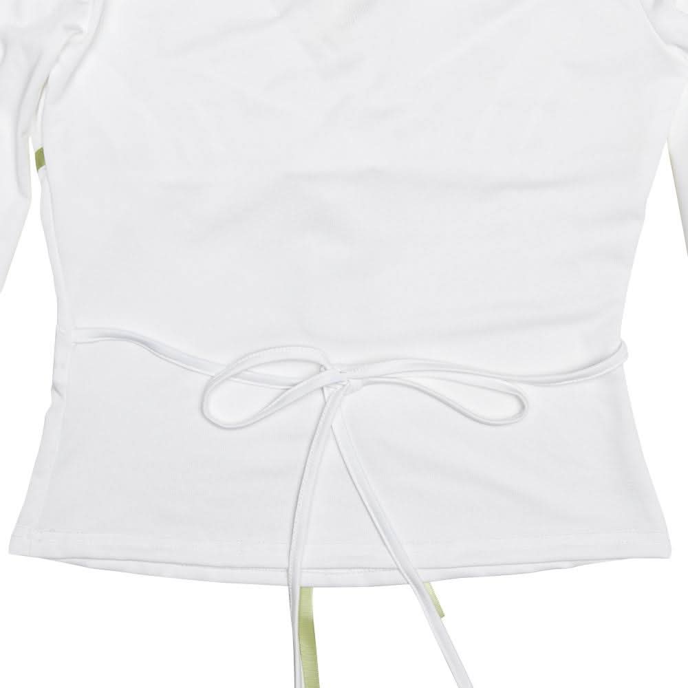 Lace hem long sleeve v neck ribbon ruched top