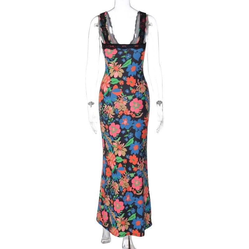 Lace hem sleeveless v neck flower print contrast maxi dress-final-sale
