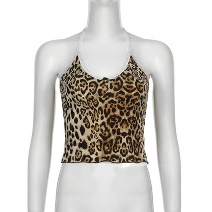 Leopard print halter v neck flower applique cami top