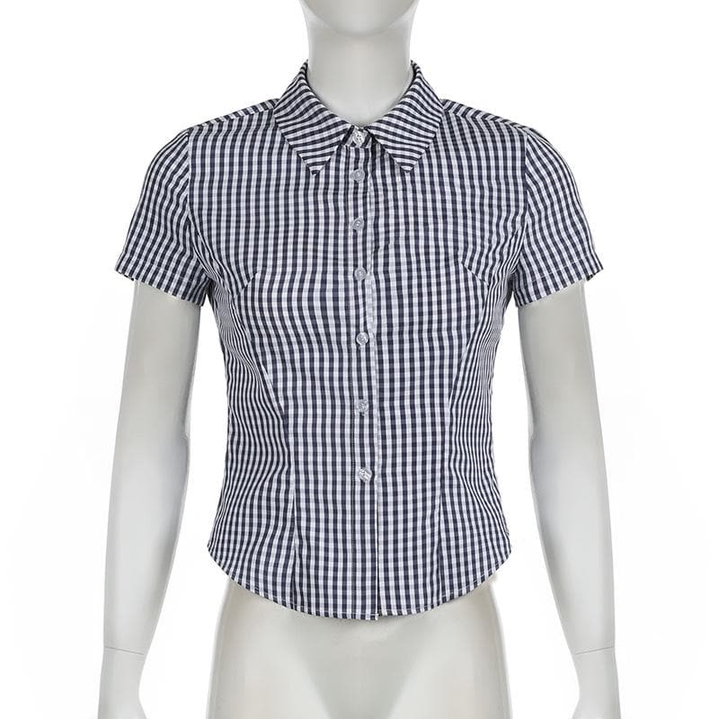 Turnover collar short sleeve plaid print button top