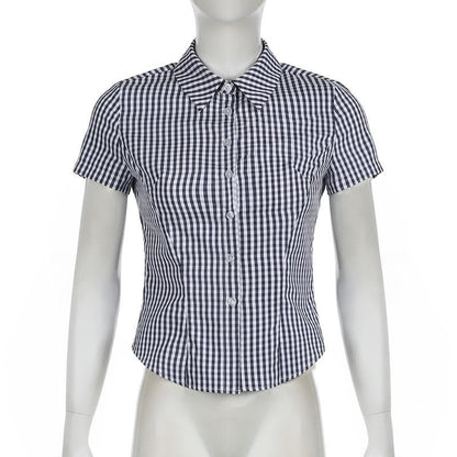 Turnover collar short sleeve plaid print button top